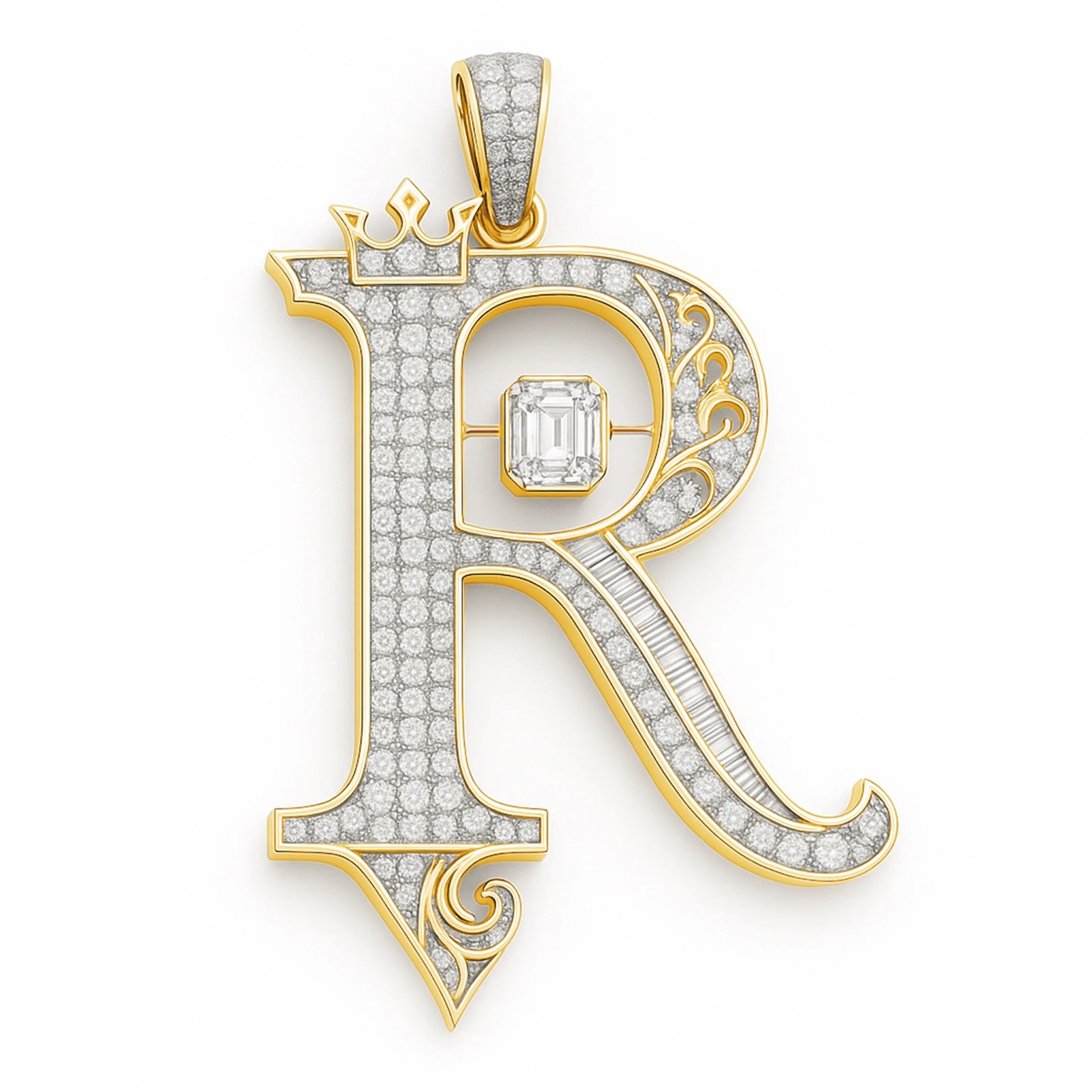 RedButan R initial pendant in 18k yellow gold with pavé diamonds, emerald-cut center diamond, and baguette diamond channel detail, studio white
