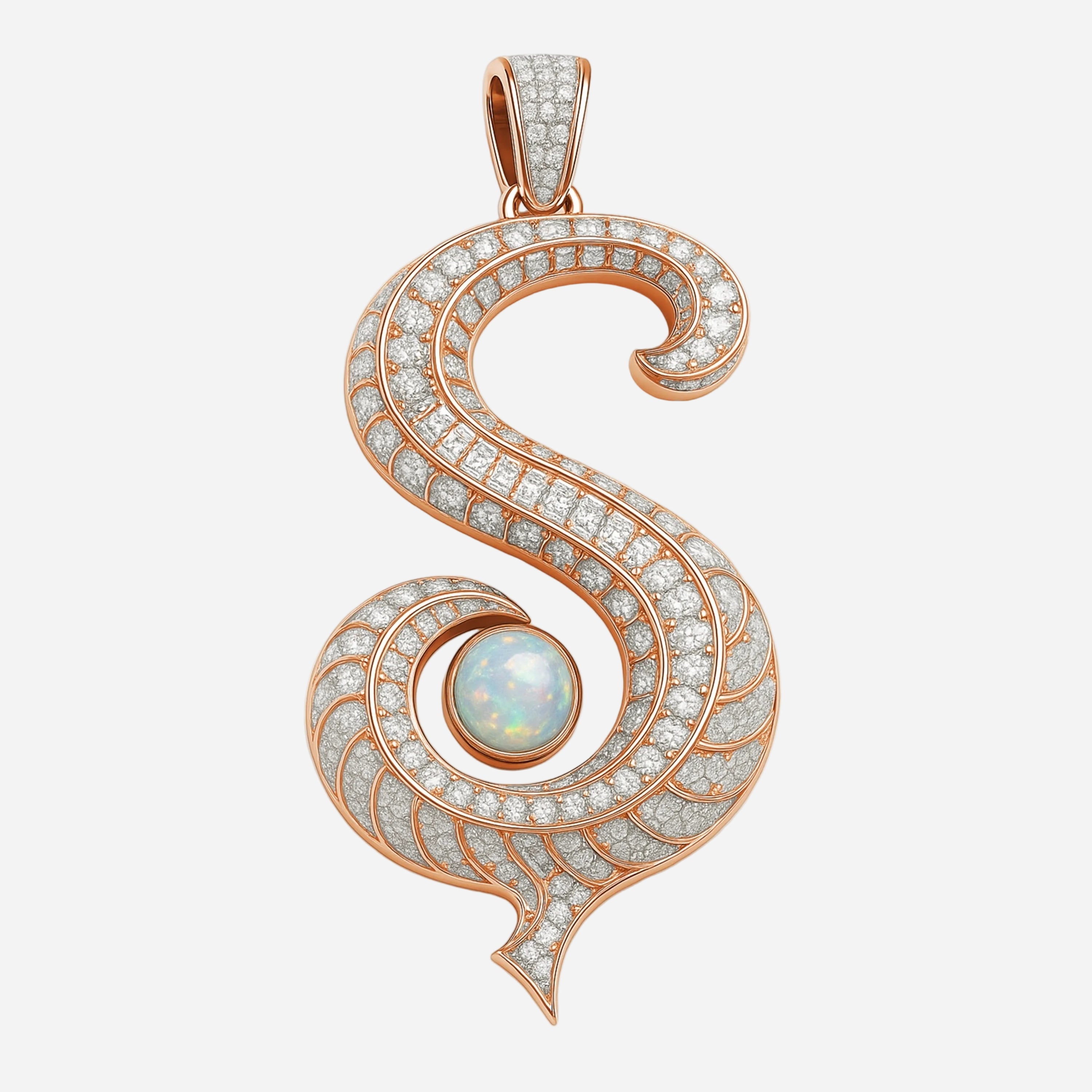 Redbutan-S-initial pendant in rose gold with pavé diamonds and opal cabochon center.