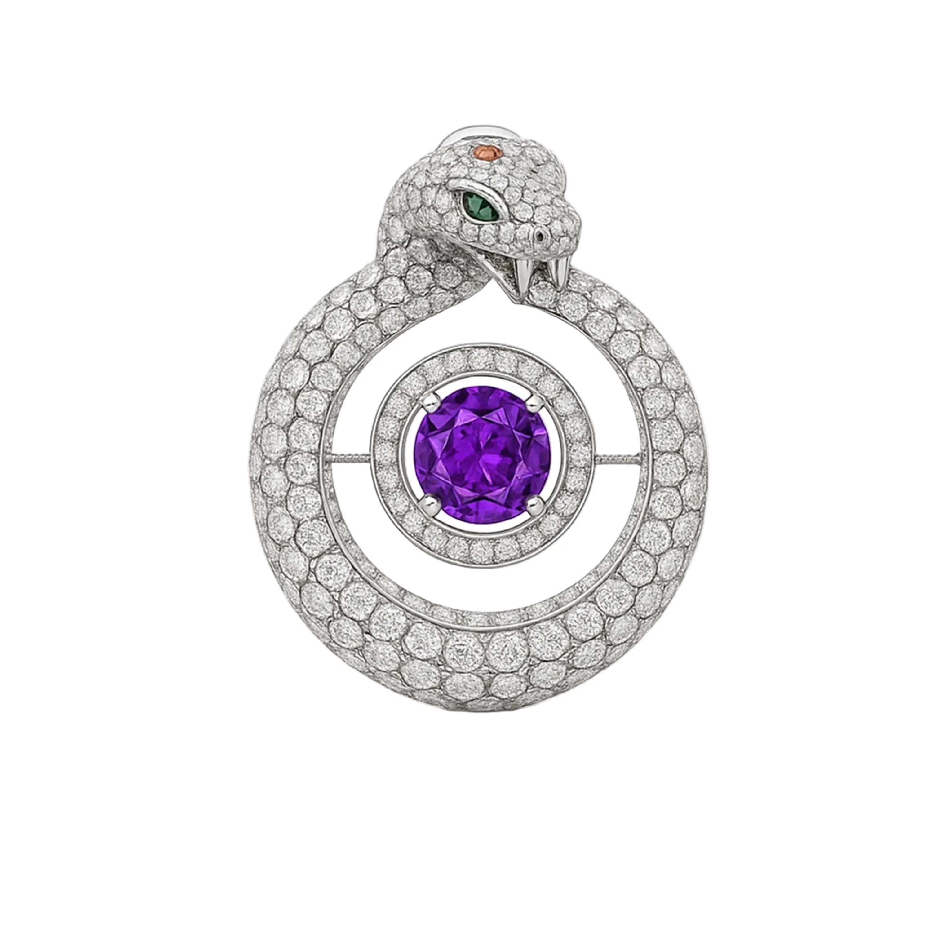 Redbutan left serpent hoop earring in pavé-set white diamonds, sculpted snake-head with emerald eye detail, circular halo design framing a vivid purple round gemstone center in a diamond-set bezel, high-jewelry product image on clean white background