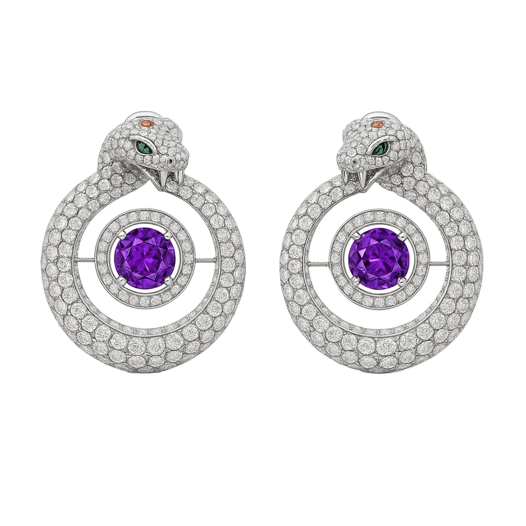 Redbutan serpent hoop earrings in pavé-set white diamonds, sculpted snake-head motif with emerald eyes, circular halo design framing a vivid purple round gemstone center, symmetrical pair presented as a museum-grade high-jewelry hero image on clean white background.