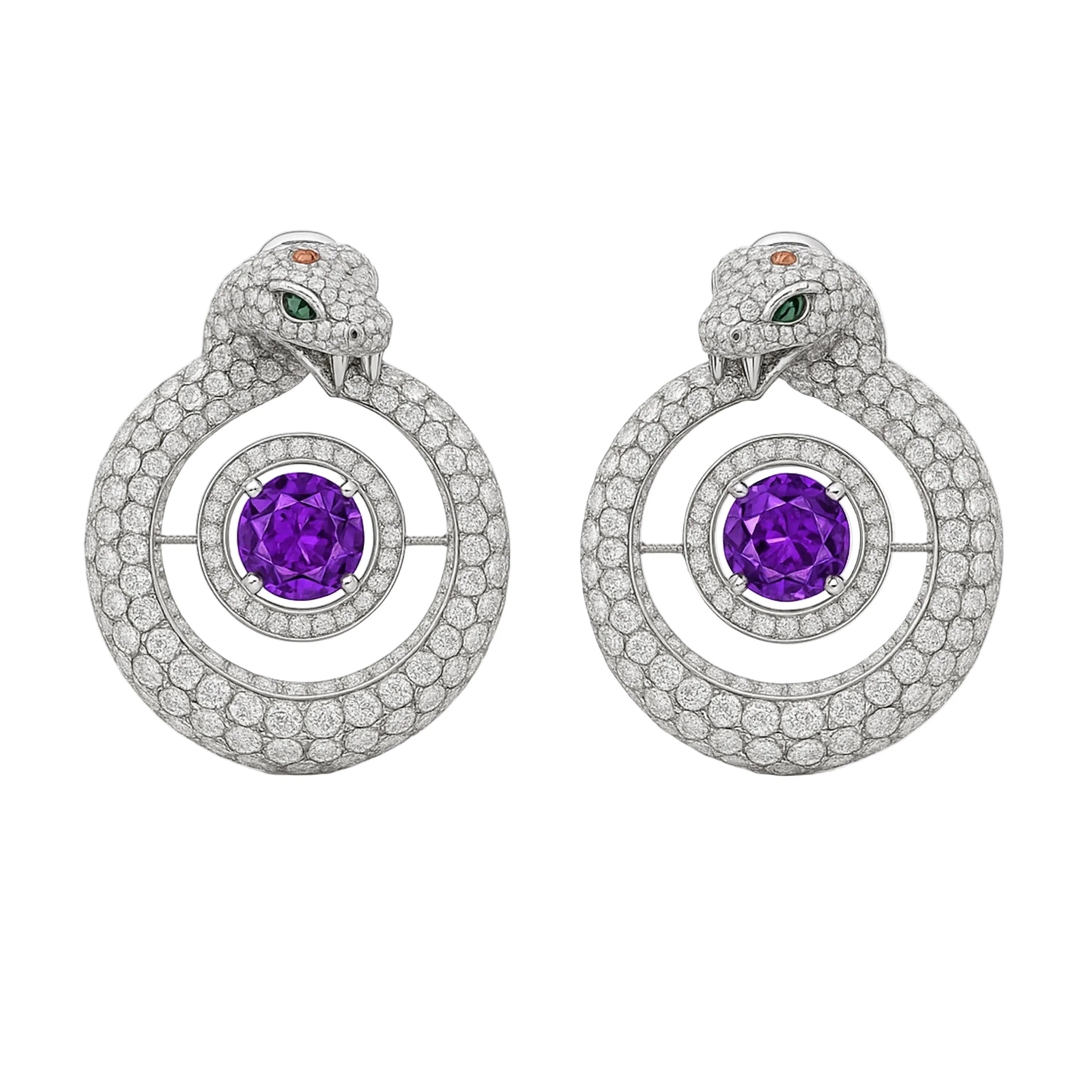 Redbutan serpent hoop earrings in pavé-set white diamonds, sculpted snake-head motif with emerald eyes, circular halo design framing a vivid purple round gemstone center, symmetrical pair presented as a museum-grade high-jewelry hero image on clean white background.