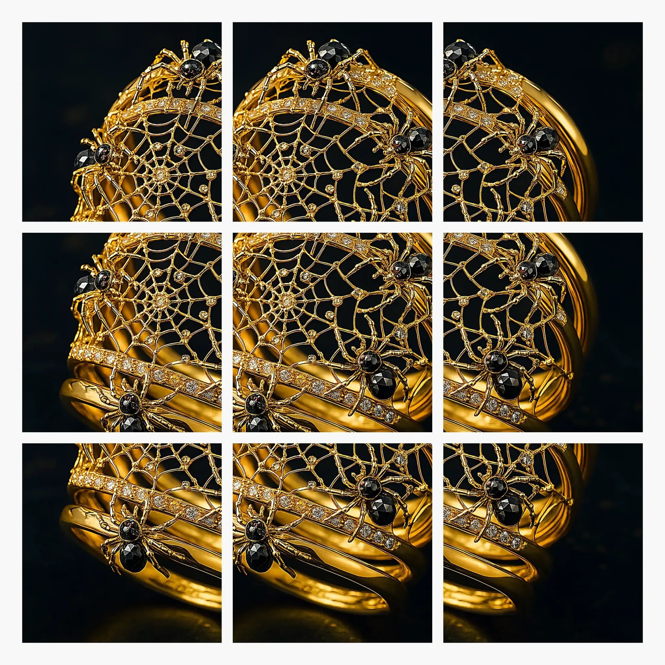 Redbutan spiderweb high-jewelry ring macro detail grid (3×3), showing sculptural 18k gold web lattice with micro diamond pavé bands and spider motifs set with faceted black gemstone bodies, precision craftsmanship close-ups on deep black background.