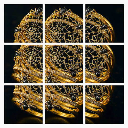 Redbutan spiderweb high-jewelry ring macro detail grid (3×3), showing sculptural 18k gold web lattice with micro diamond pavé bands and spider motifs set with faceted black gemstone bodies, precision craftsmanship close-ups on deep black background.