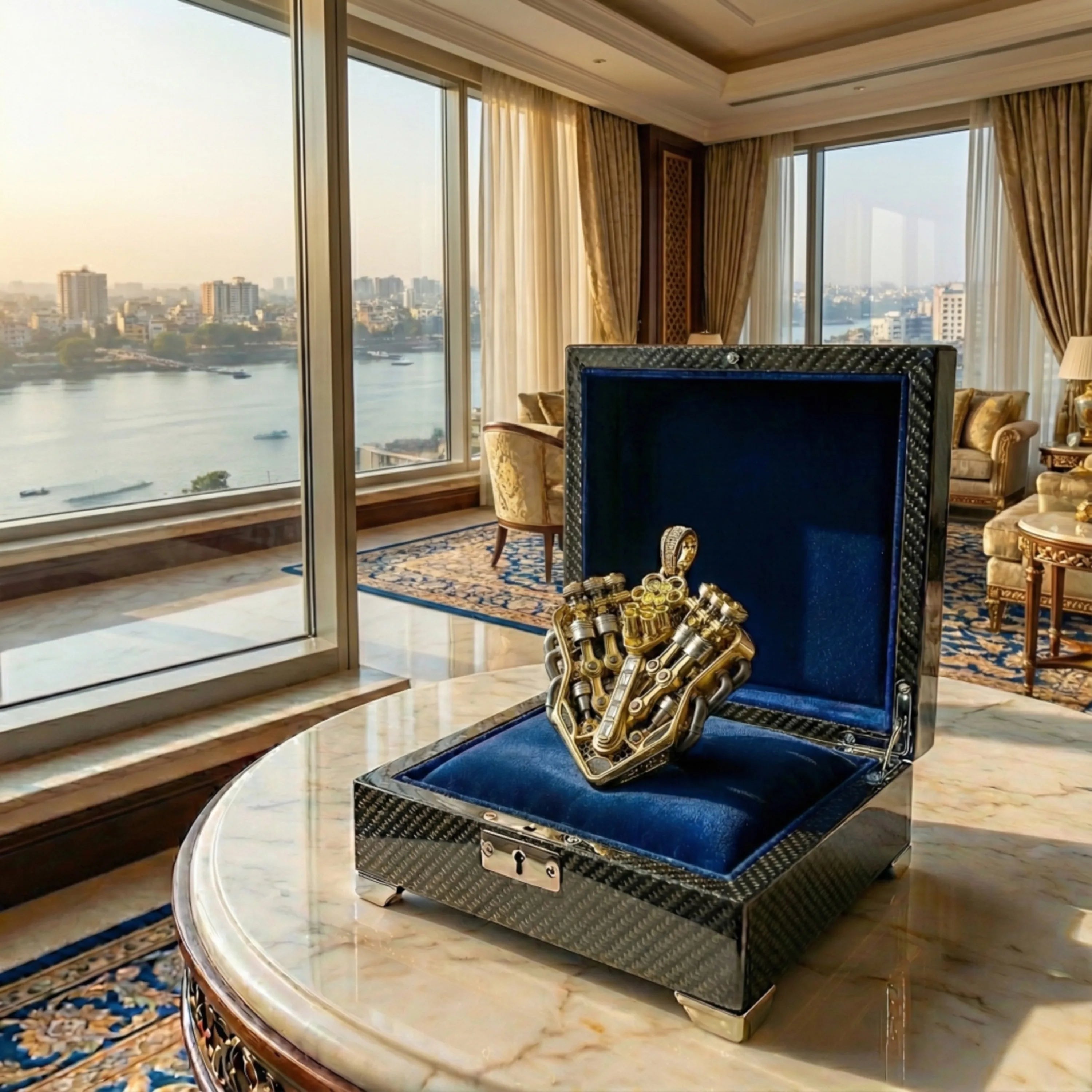 RedButan V12 Machina high-jewelry engine pendant in 18k gold with baguette diamond spine, presented in a carbon-fiber trunk-style case lined with deep blue velvet, staged on a marble table inside a luxury suite with floor-to-ceiling windows and waterfront skyline in warm morning light.