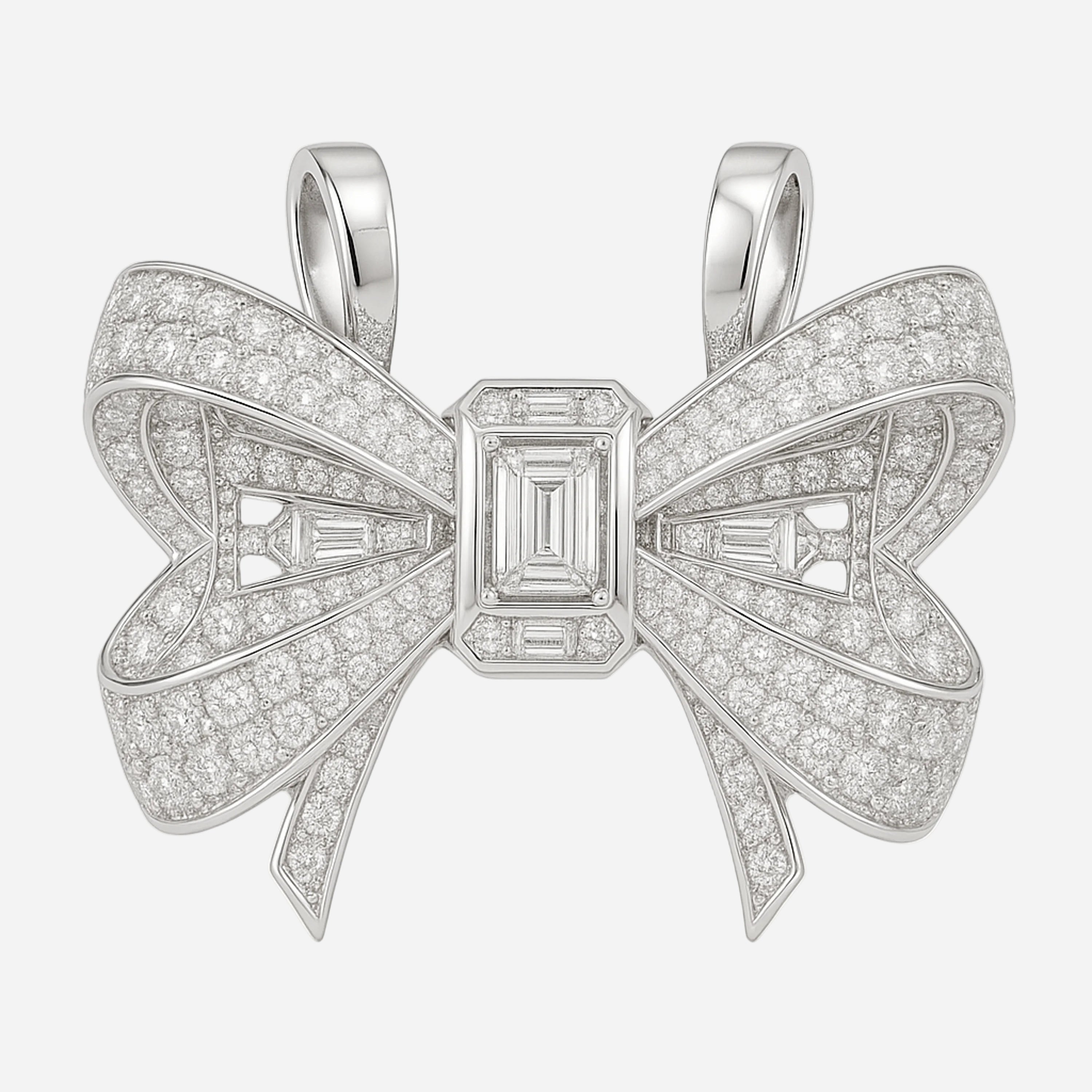 Redbutan White-gold bow pendant with pavé diamonds and emerald-cut diamond center.