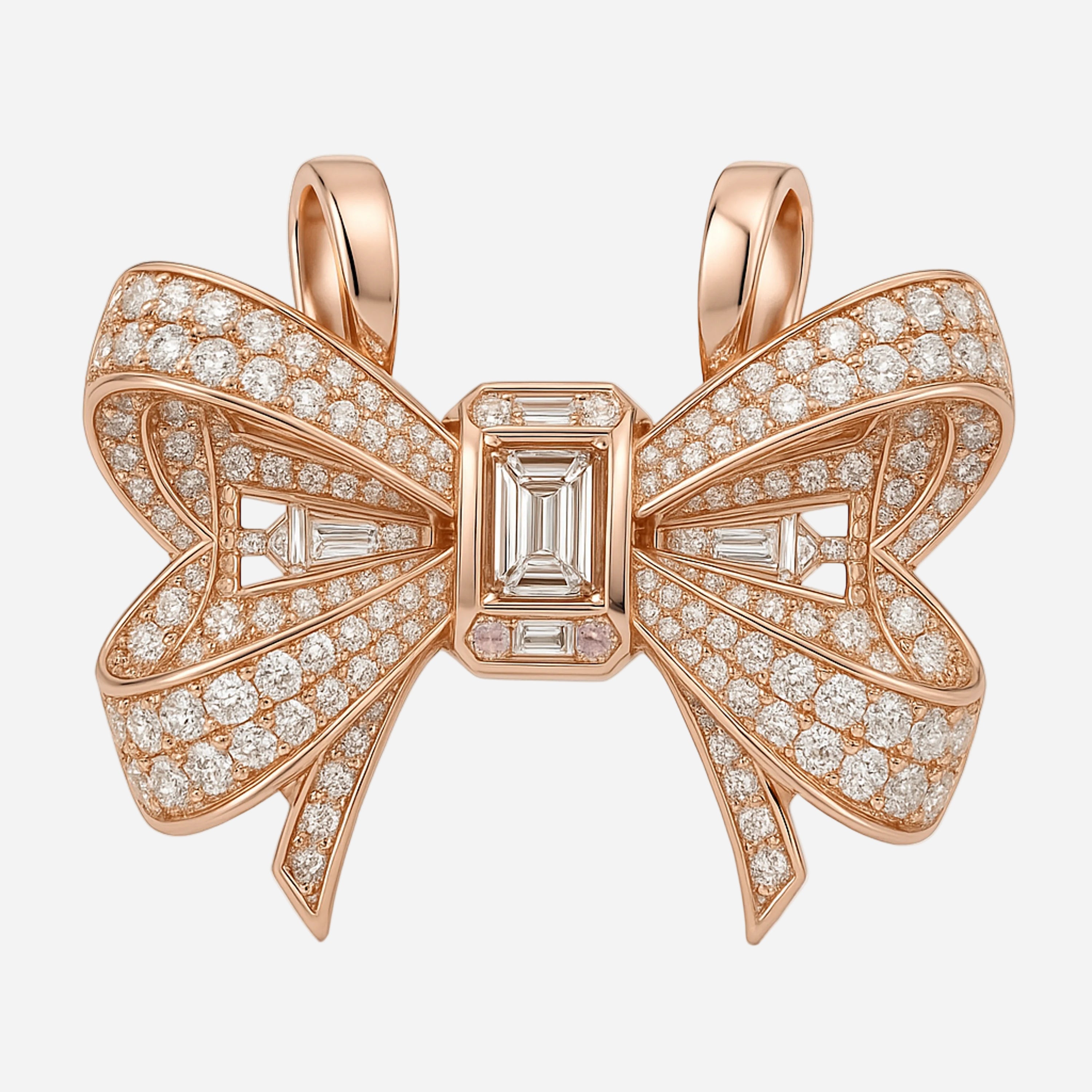 Rose-gold bow pendant with pavé diamonds and emerald-cut diamond center.