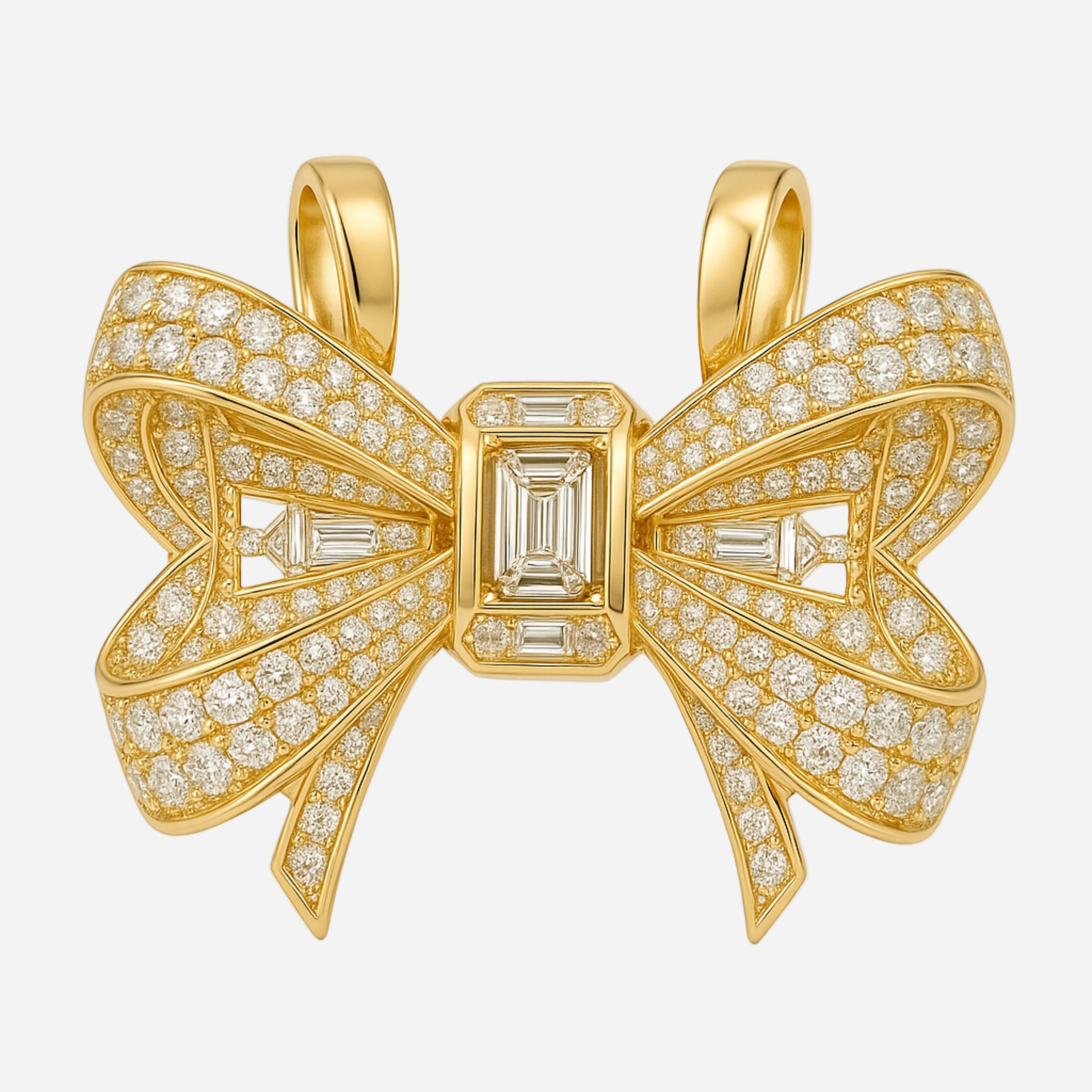 Yellow-gold bow pendant with pavé diamonds and emerald-cut center diamond.