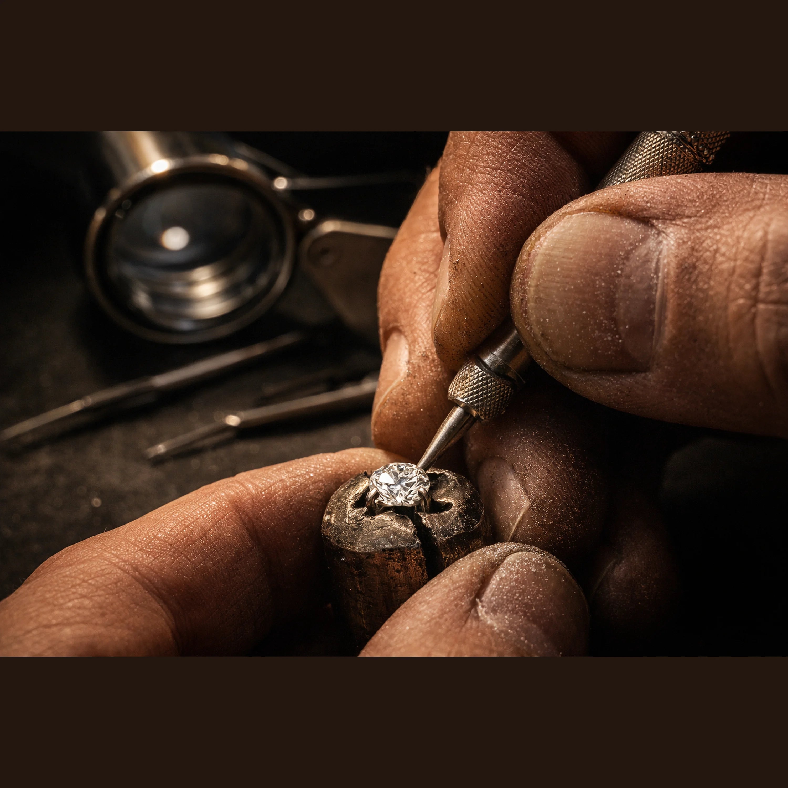 Close-up of redbutan generational artisan working on a diamond with jewelry tools in the background