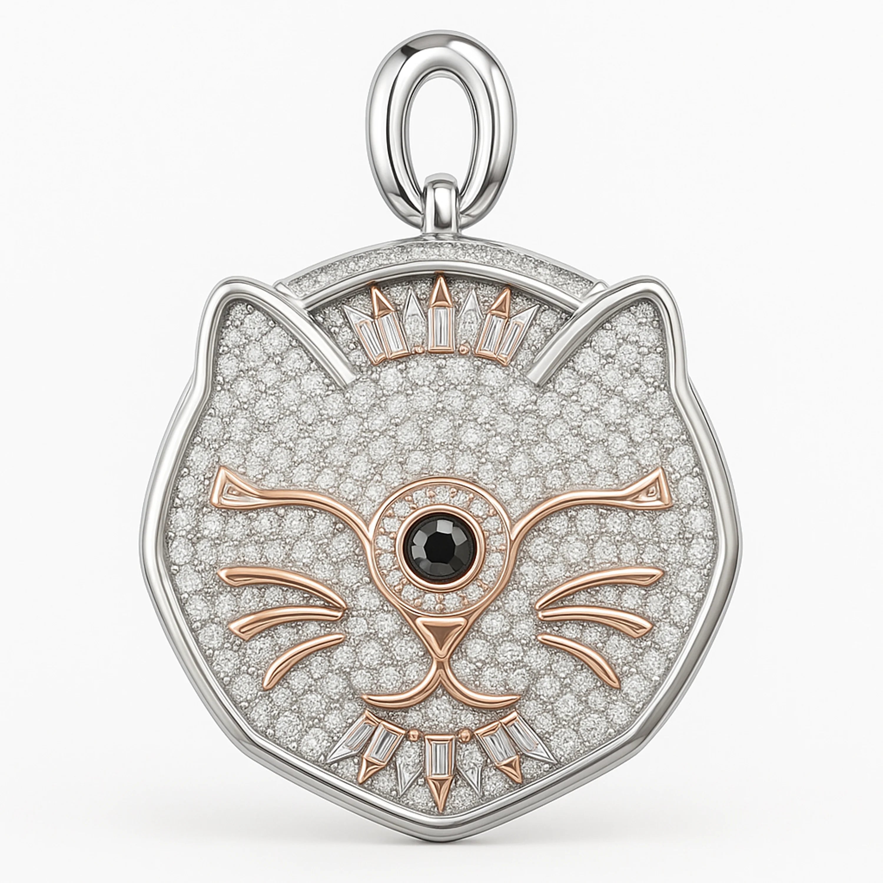 Cat-face talisman pendant with pavé diamonds, rose-gold whiskers, and black gem eye.