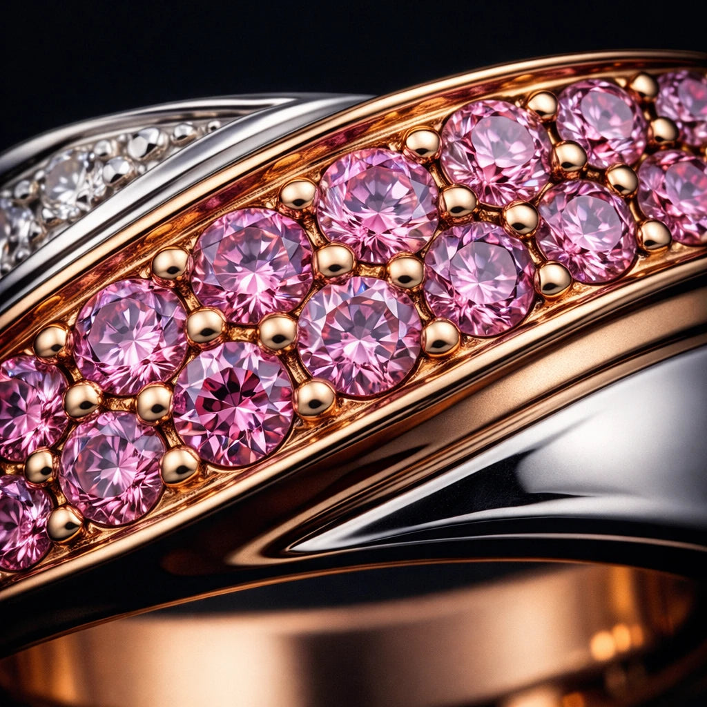 Macro view of a Redbutan high jewelry ring featuring round pink gemstones pavé-set in rose gold, framed by polished white metal curves and photographed in cinematic studio lighting.