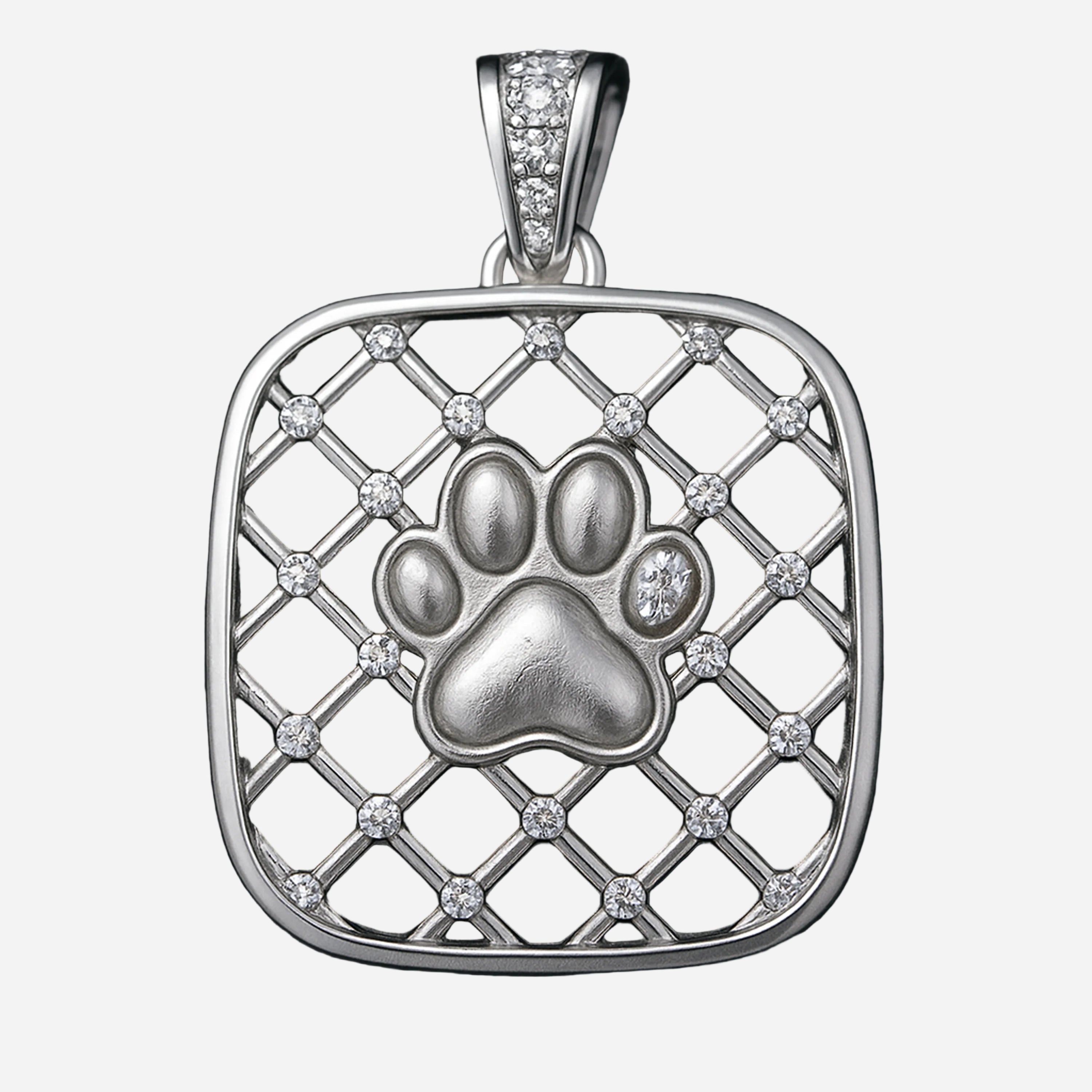 Redbutan luxury square lattice paw pendant in white-gold tone with diamond grid and accent stone.