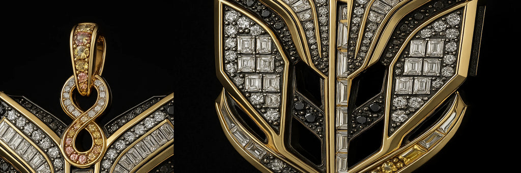 Closeup of baguette banks and pink-champagne infinity bail gradient with pavé ribs