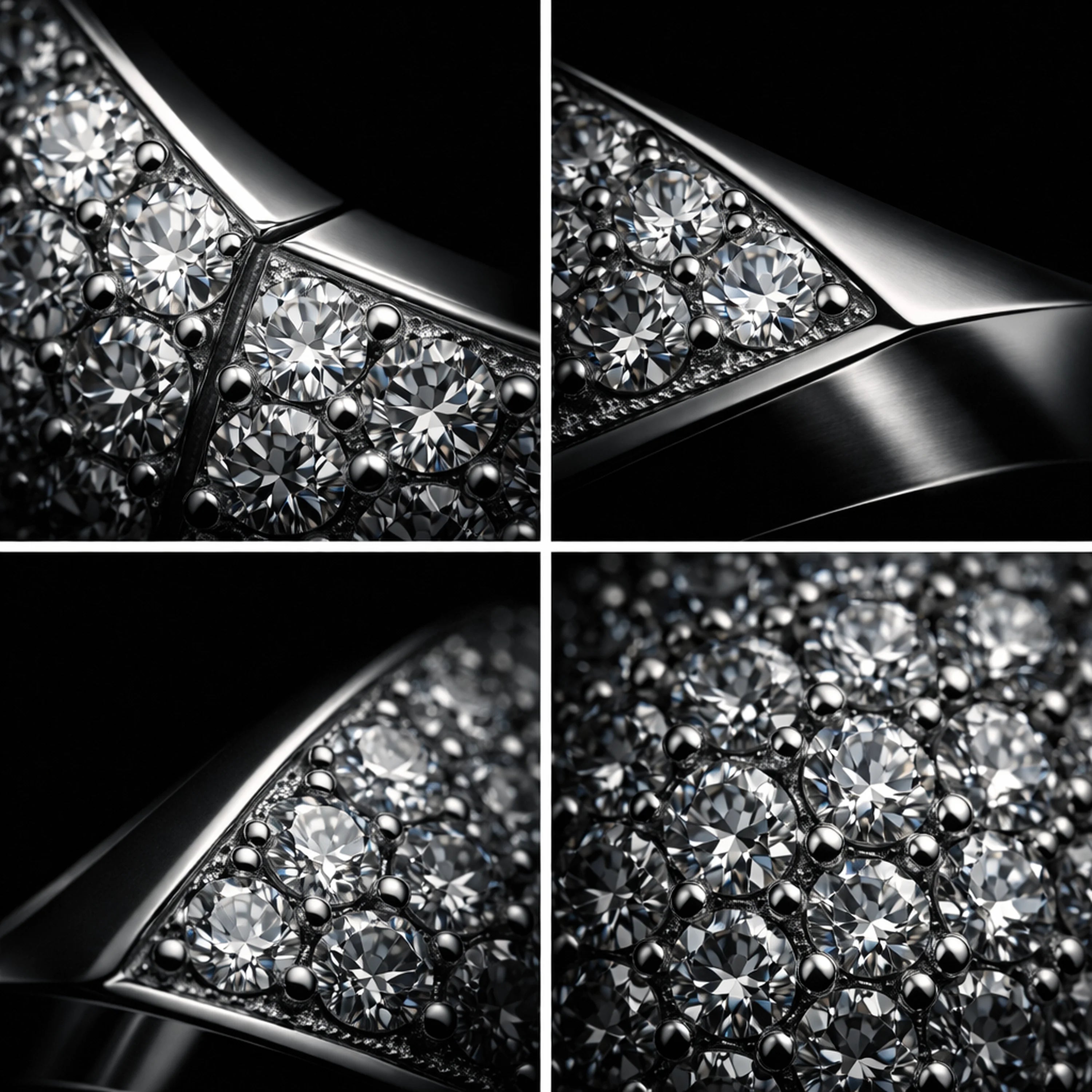 Close-up of a Redbutan diamond ring with four different angles shown.