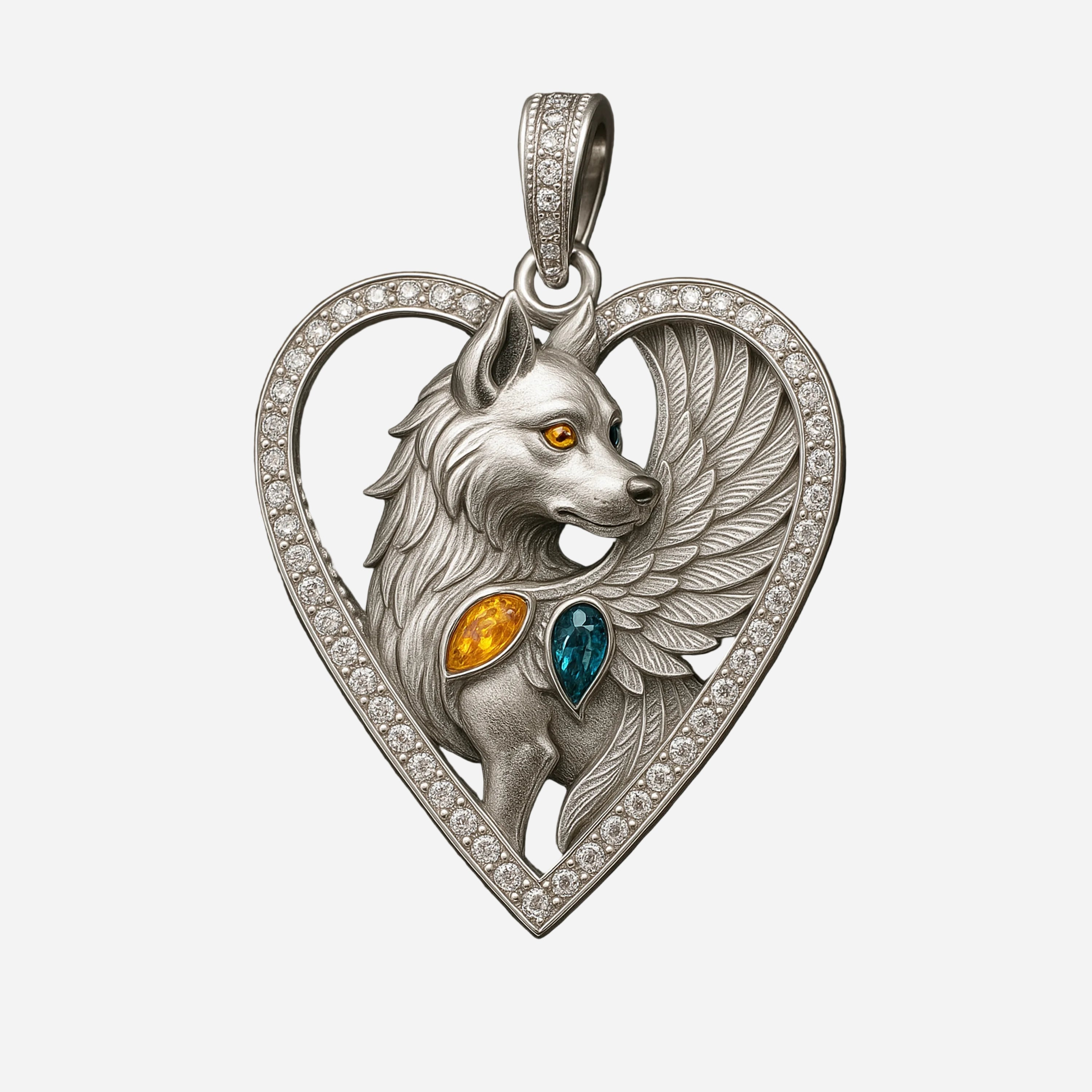 Winged wolf heart pendant with pavé diamond frame, amber and teal gemstones.