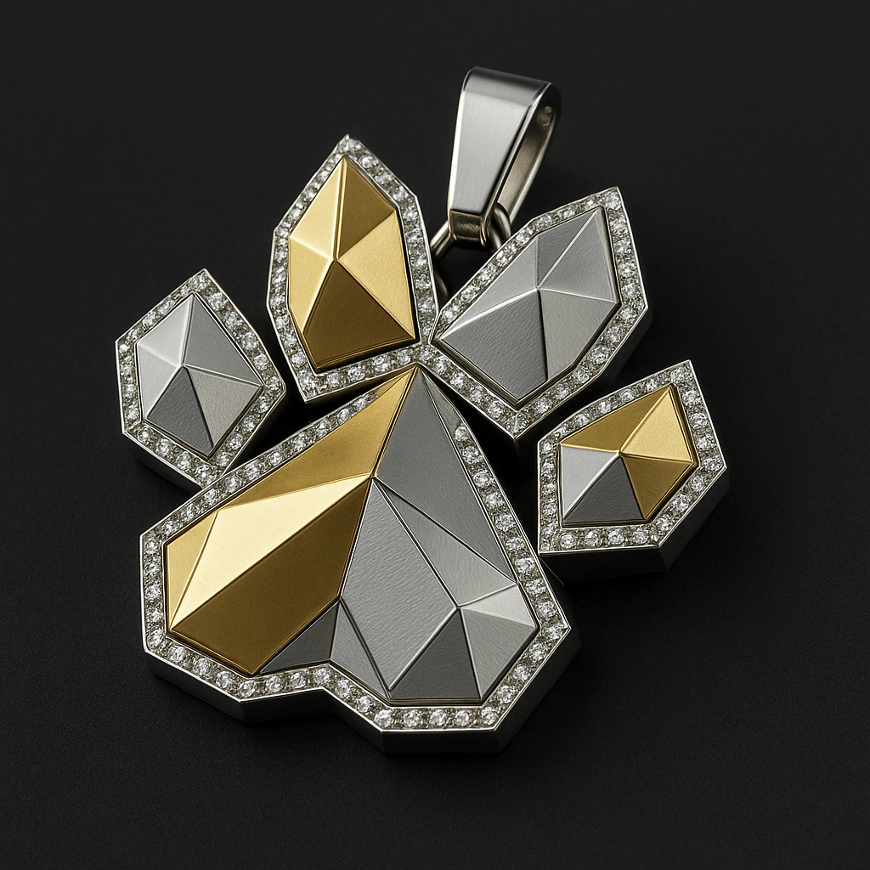 Geometric paw-print pendant in two-tone gold with diamond halo border.