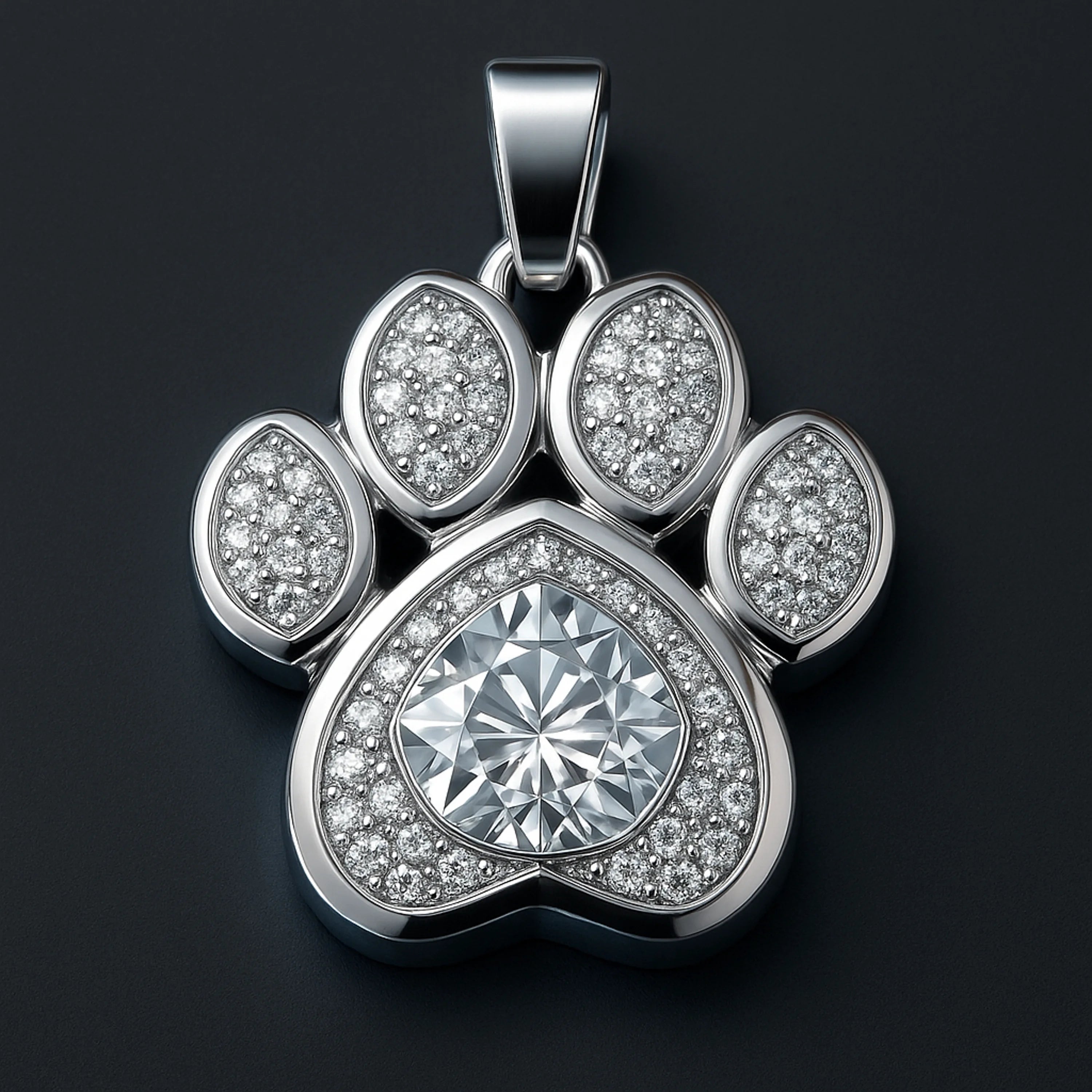 Diamond paw-print pendant in white-gold tone with large center round and pavé toes.