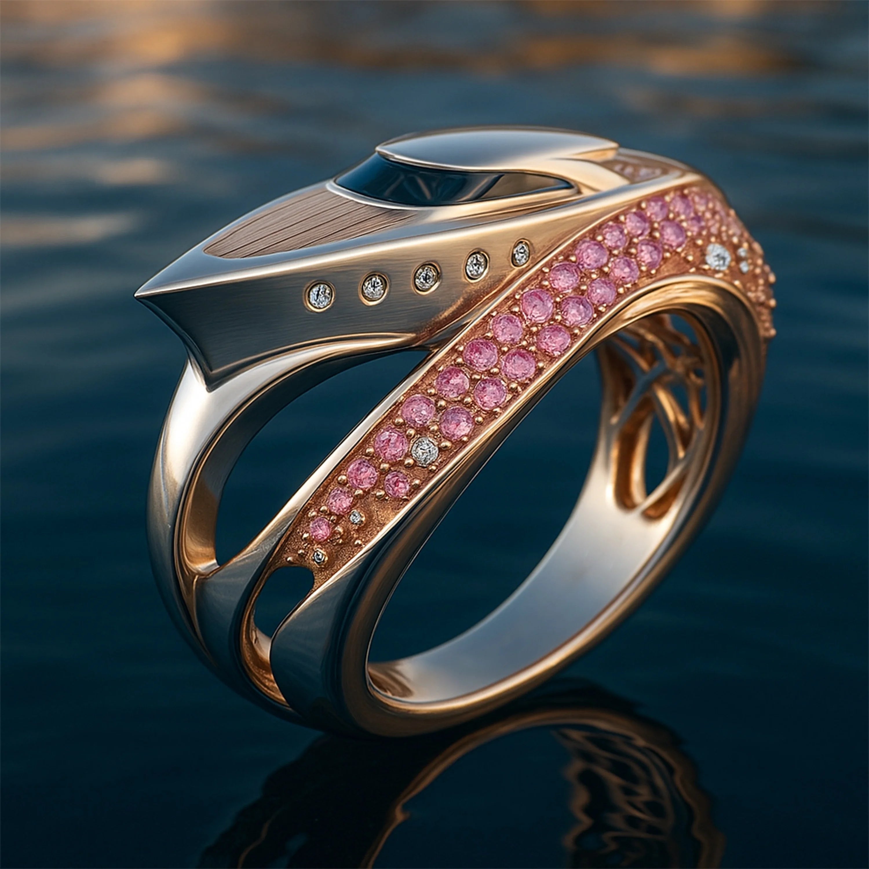 Two-tone sculptural ring with pink sapphire pavé and diamond accents.
