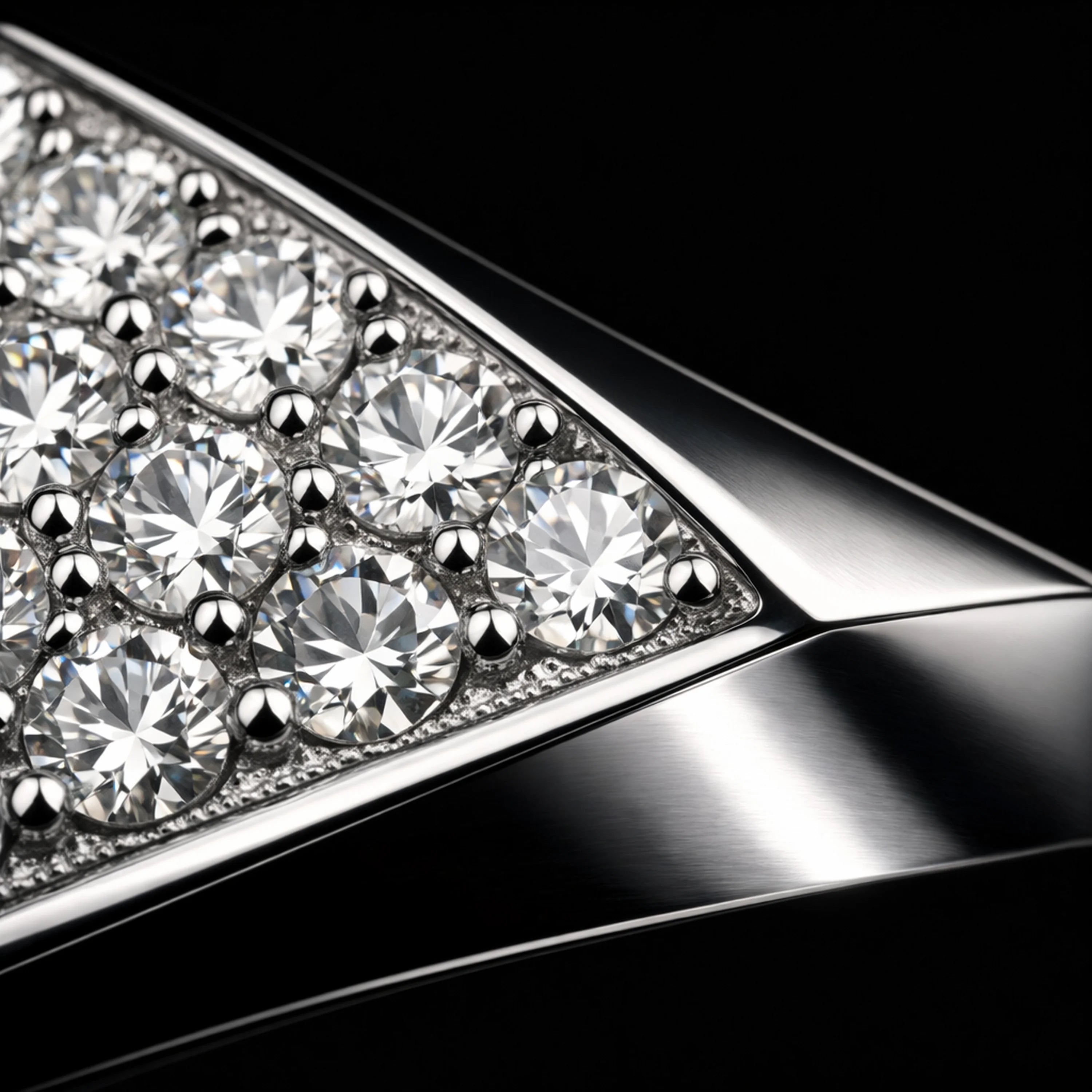 Close-up of a Redbutan natural D-F diamond-encrusted ring on a black background