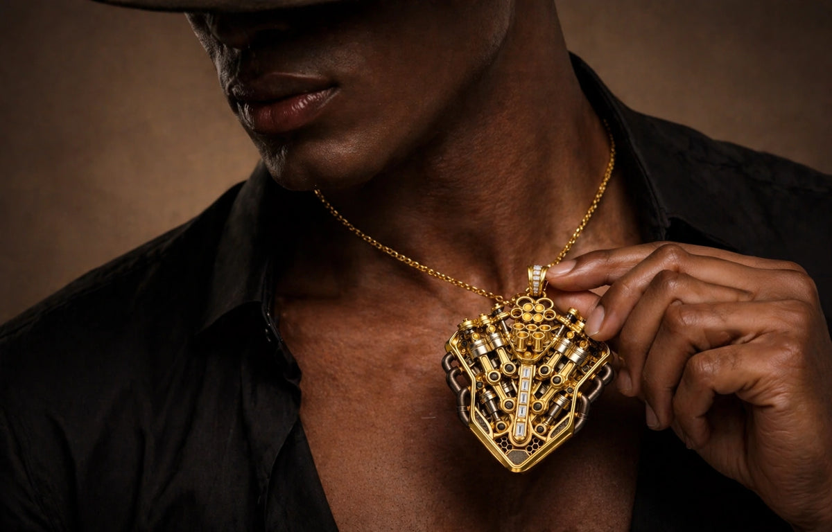 A close-up lifestyle shot of a man wearing a redbutan v12 machina engine symphony  pendant made of 22k gold and natural diamonds