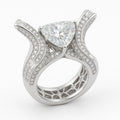 Trilliant diamond high-jewel ring with winged pavé shank and baguette accents in white gold.