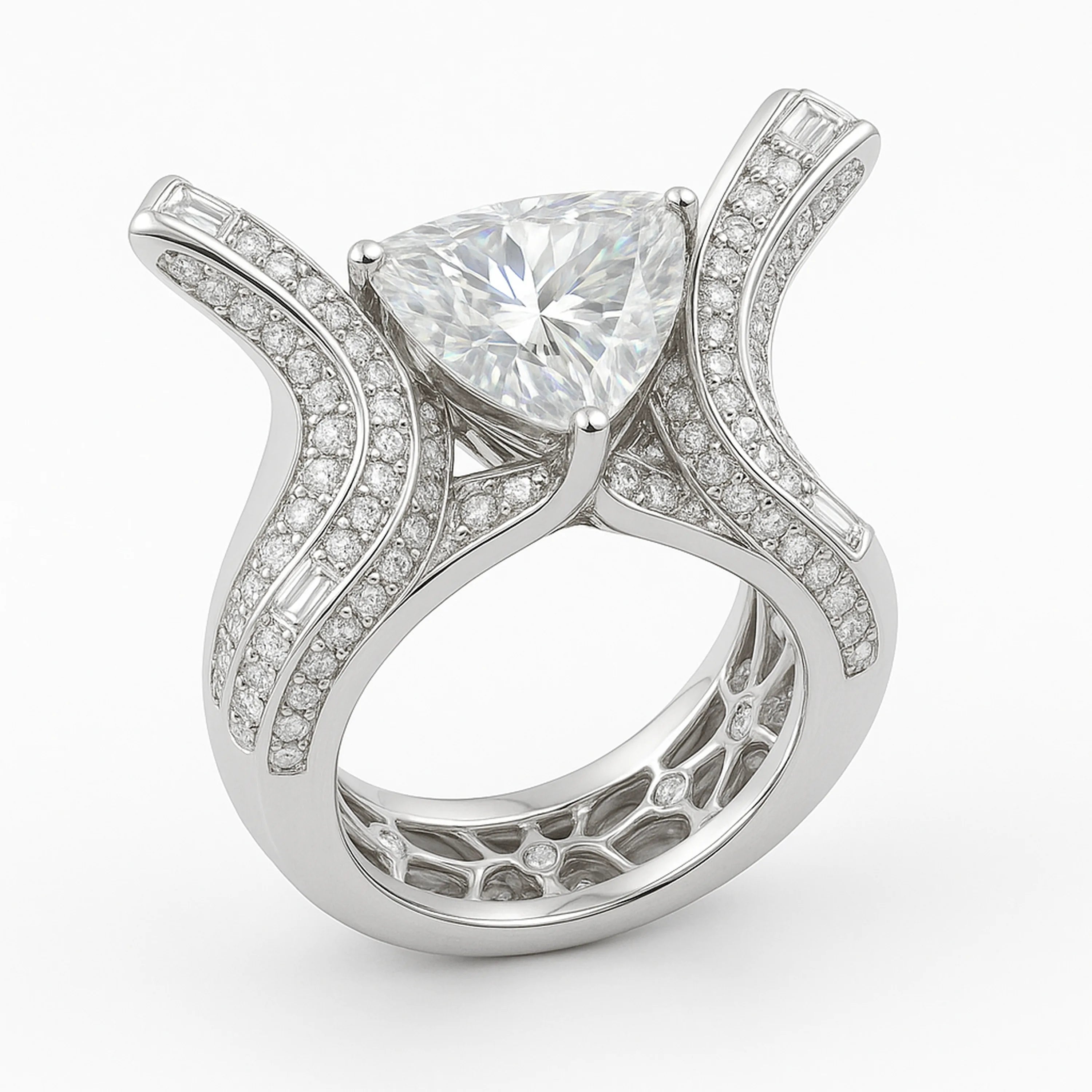 Trilliant diamond high-jewel ring with winged pavé shank and baguette accents in white gold.